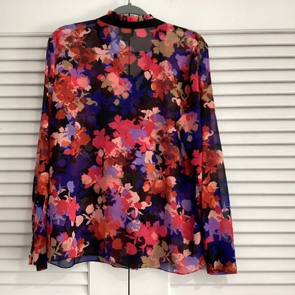 CeCe By Cynthia Steffe Floral Top Blouse Size L Multicolor With Tie Neck - Picture 2 of 11